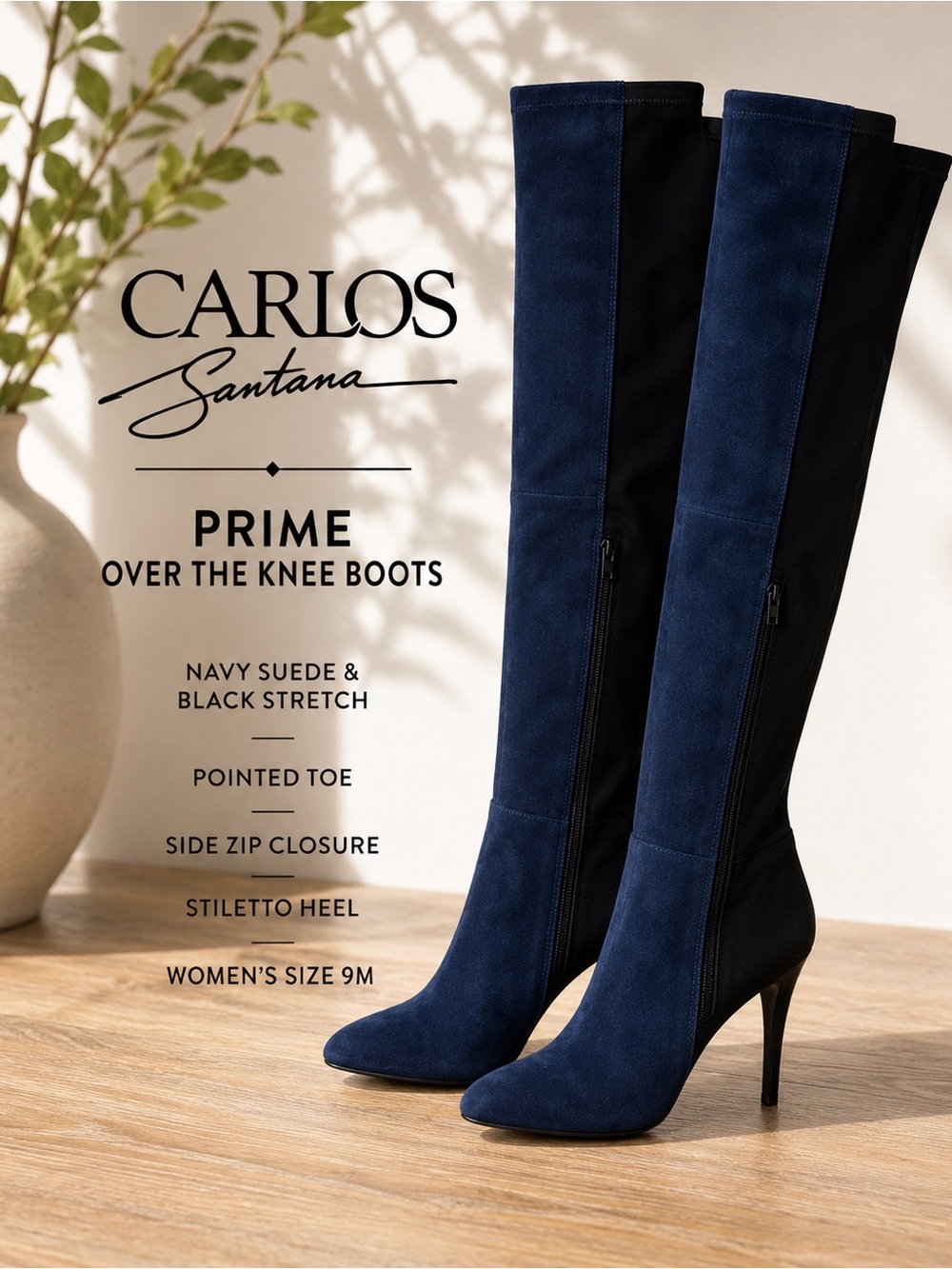 Carlos Santana Prime Navy Suede OTK Boots Stretch Black Back Stiletto Women’s 9